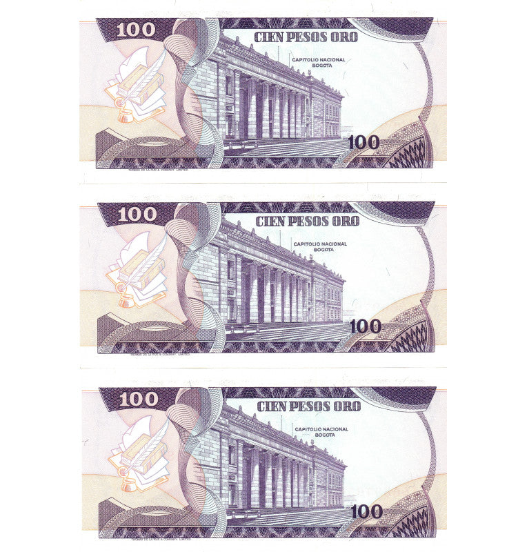Colombia 100 Pesos Oro 1977 Pick 418 (5 Consecutivos-9 dígitos) NO UNC
